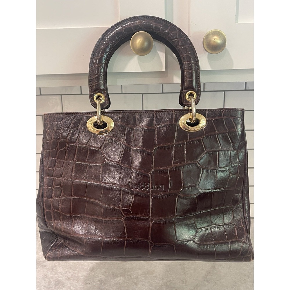 Bettina Moc Croc Handbag Womens Brown Satchel Handles Purse Classic Luxury